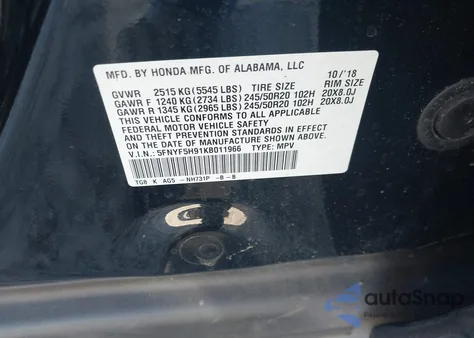 2019 Honda Pilot Touring z USA, uszkodzony, nr VIN 5FNYF5H91KB011966